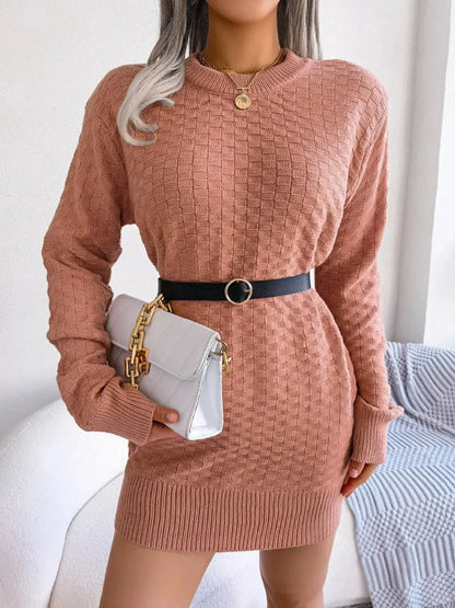 Round Neck Long Sleeve Mini Sweater Dress-dresses-Evelyns Fashion