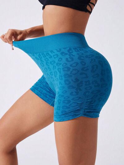 Ruched Leopard High Waist Active Shorts-OUTERWEAR-Evelyns Fashion