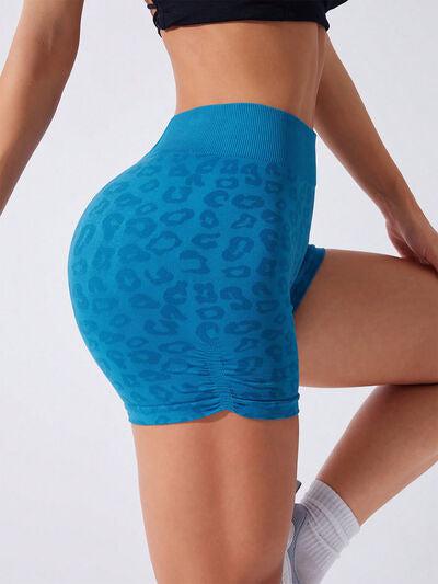 Ruched Leopard High Waist Active Shorts-OUTERWEAR-Evelyns Fashion