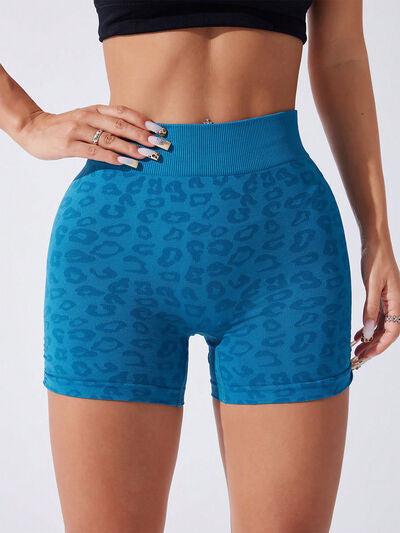 Ruched Leopard High Waist Active Shorts-OUTERWEAR-Evelyns Fashion
