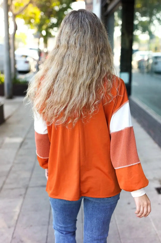 Rust Color Block French Terry Top-2024 Blow-Out Sale-Evelyns Fashion