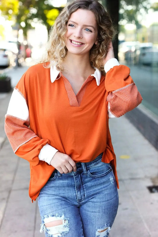 Rust Color Block French Terry Top-2024 Blow-Out Sale-Evelyns Fashion