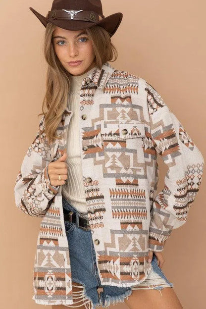 Rustic Charm: Frayed Aztec Western Shacket-long sleeve-Evelyns Fashion