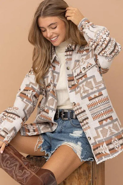 Rustic Charm: Frayed Aztec Western Shacket-long sleeve-Evelyns Fashion
