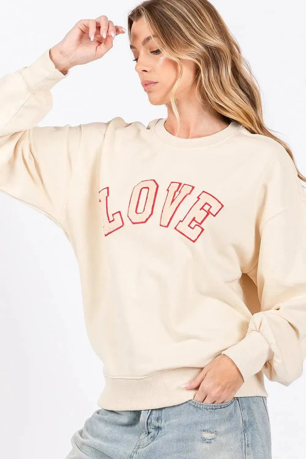 SAGE + FIG LOVE Path Applique Drop Shoulder Sweatshirt-Apparel & Accessories-Evelyns Fashion