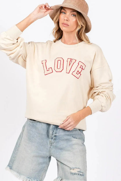SAGE + FIG LOVE Path Applique Drop Shoulder Sweatshirt-Apparel & Accessories-Evelyns Fashion