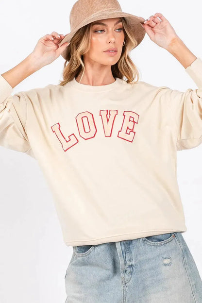 SAGE + FIG LOVE Path Applique Drop Shoulder Sweatshirt-Apparel & Accessories-Evelyns Fashion