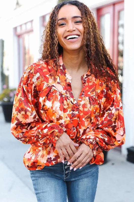 Seasonal Elegance: Fall Vibes Rust Floral Satin Top-2024 Blow-Out Sale-Evelyns Fashion