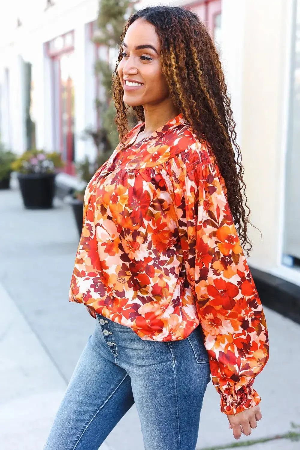 Seasonal Elegance: Fall Vibes Rust Floral Satin Top-2024 Blow-Out Sale-Evelyns Fashion