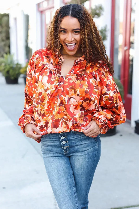 Seasonal Elegance: Fall Vibes Rust Floral Satin Top-2024 Blow-Out Sale-Evelyns Fashion