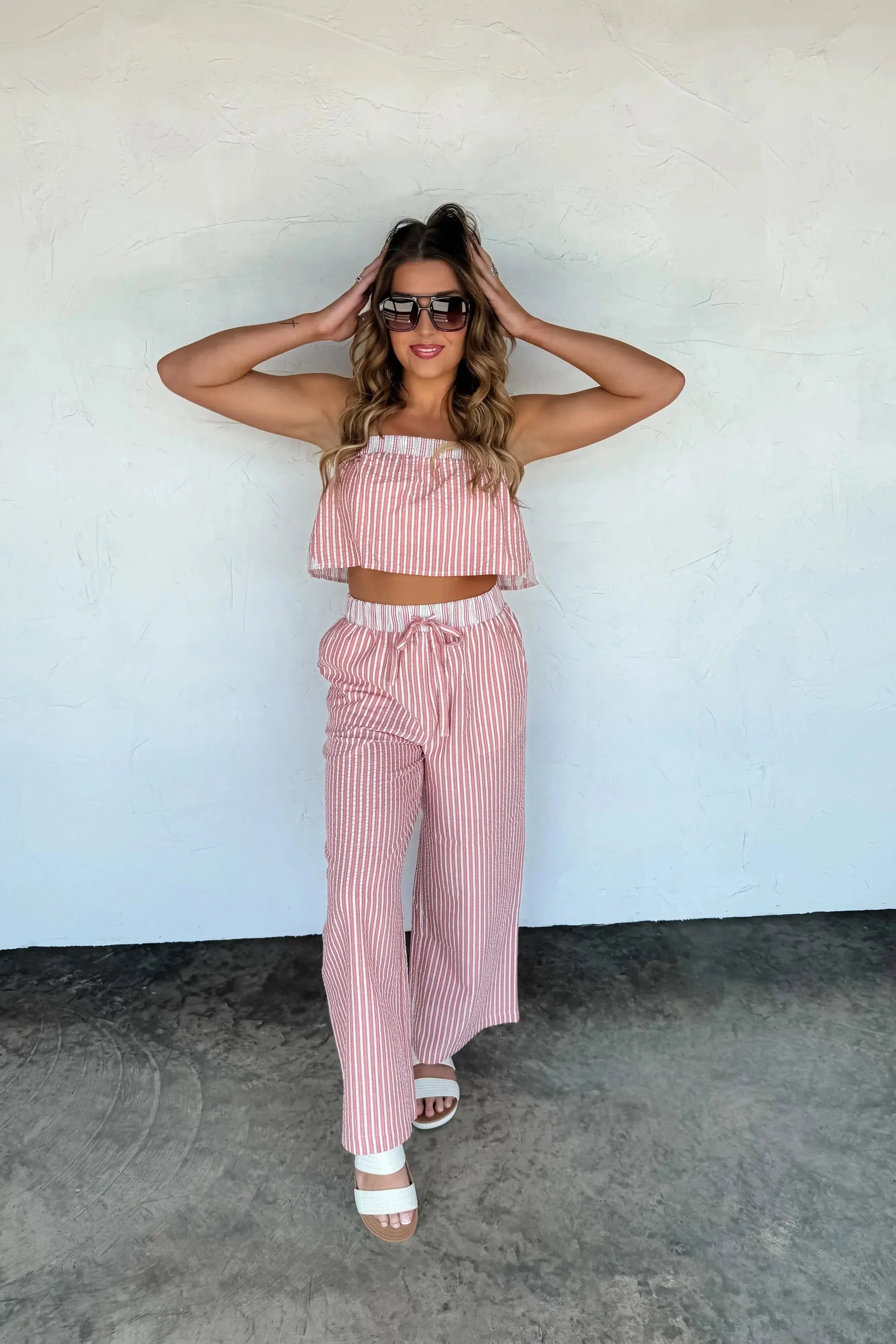 Seersucker Pant Set-Womens-Evelyns Fashion
