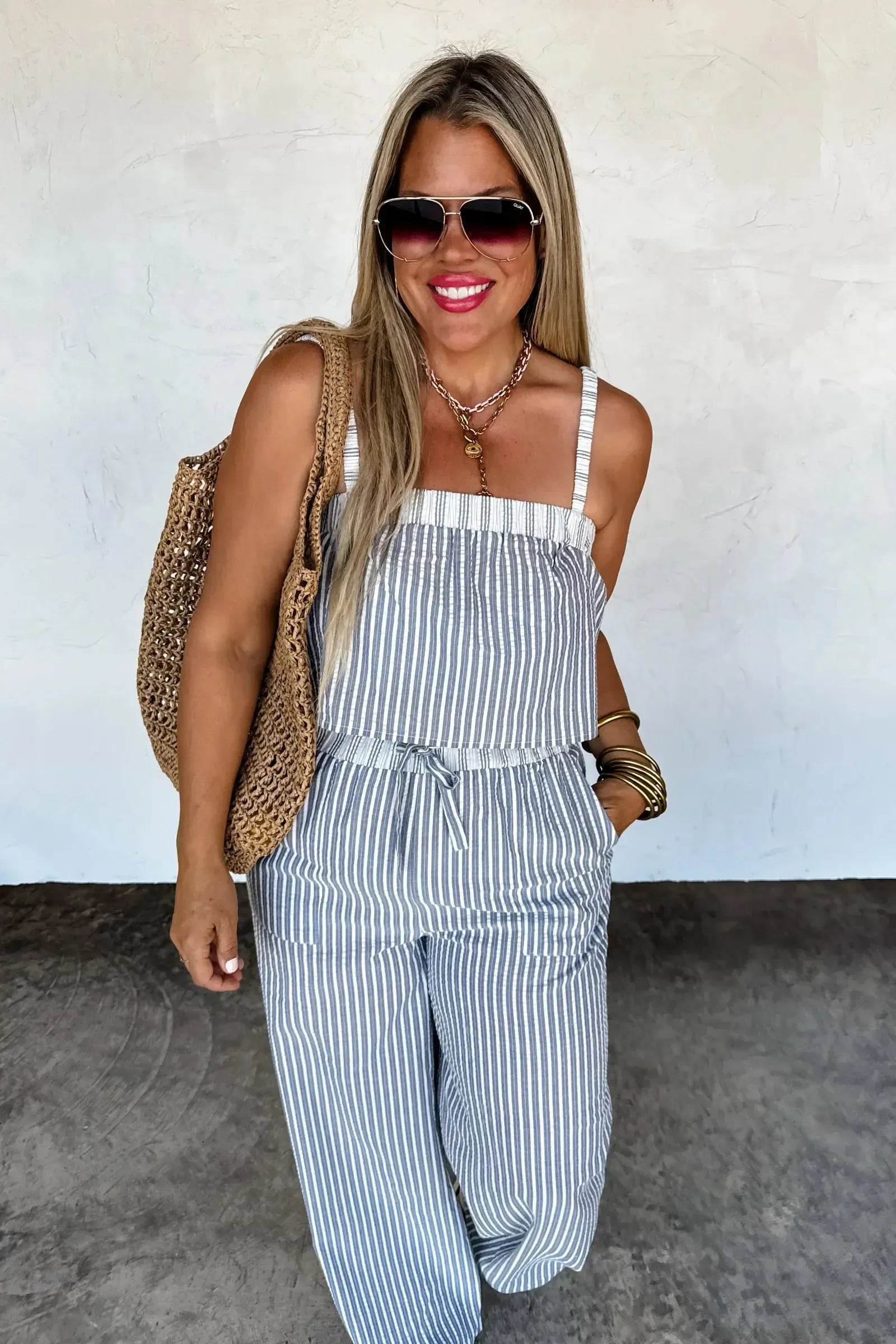 Seersucker Pant Set-Womens-Evelyns Fashion