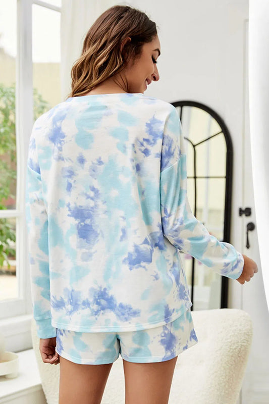 Shiny Tie-Dye Dropped Shoulder Top and Shorts Lounge Set-Apparel & Accessories-Evelyns Fashion