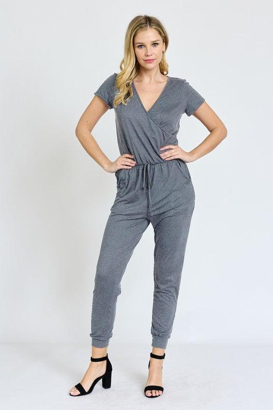 Short Sleeve Jogger Jumpsuit-Jumpsuits-Evelyns Fashion