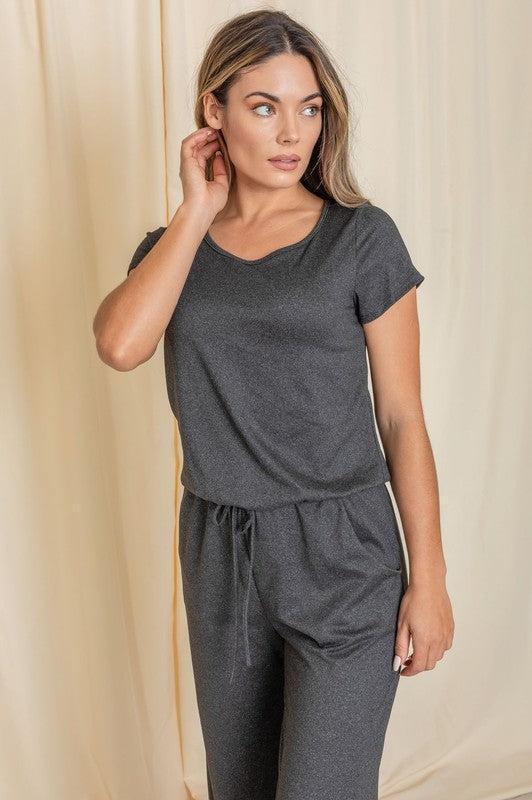 Short Sleeve Jumpsuit with Pocket-jumpsuits-Evelyns Fashion