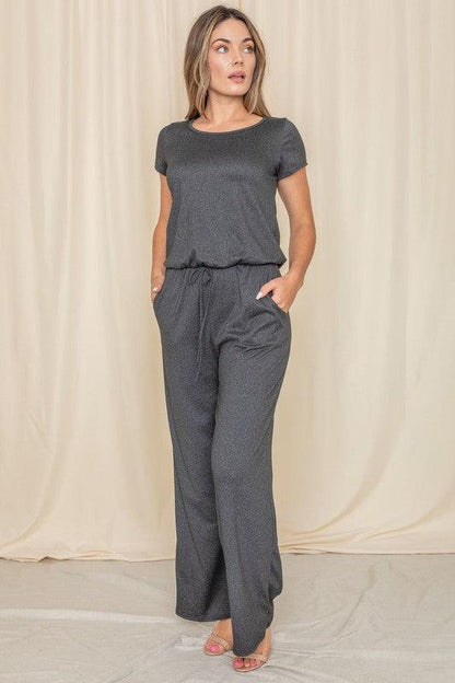 Short Sleeve Jumpsuit with Pocket-jumpsuits-Evelyns Fashion