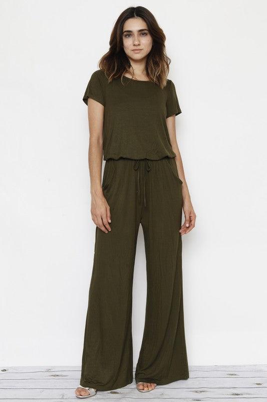 Short Sleeve Jumpsuit with Pocket-jumpsuits-Evelyns Fashion
