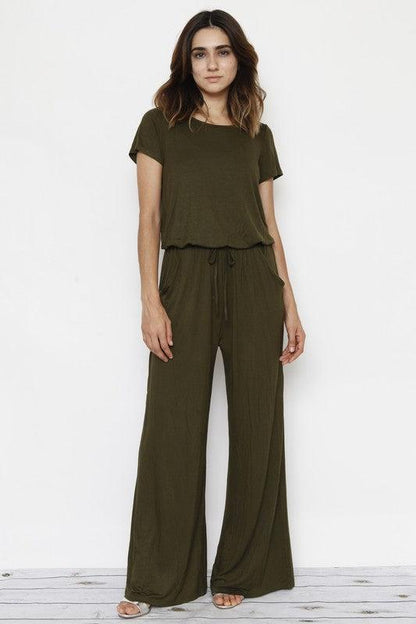 Short Sleeve Jumpsuit with Pocket-jumpsuits-Evelyns Fashion