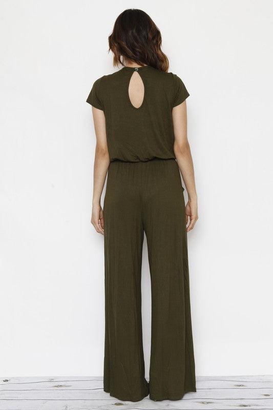 Short Sleeve Jumpsuit with Pocket-jumpsuits-Evelyns Fashion