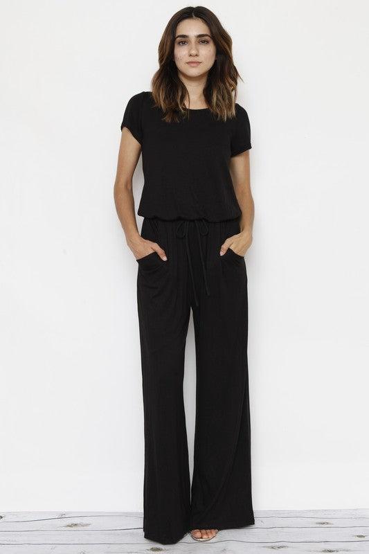 Short Sleeve Jumpsuit with Pocket-jumpsuits-Evelyns Fashion