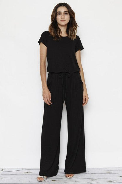 Short Sleeve Jumpsuit with Pocket-jumpsuits-Evelyns Fashion