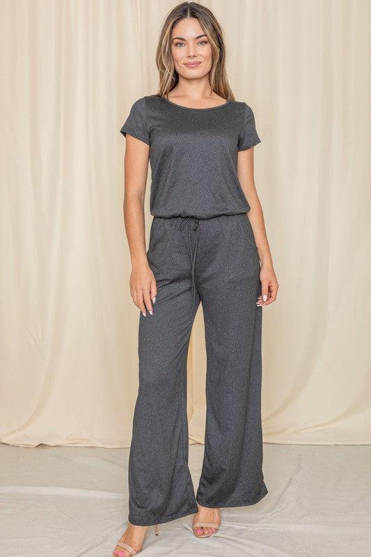 Short Sleeve Jumpsuit with Pocket-jumpsuits-Evelyns Fashion