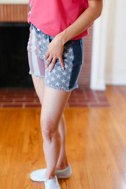 Show Your American Spirit: High Rise Denim Shorts with USA Flag-2024 Blow-Out Sale-Evelyns Fashion