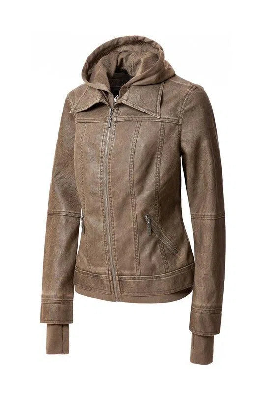 Sleek & Stylish: Women’s Hooded PU Leather Jackets-Apparel & Accessories-Evelyns Fashion