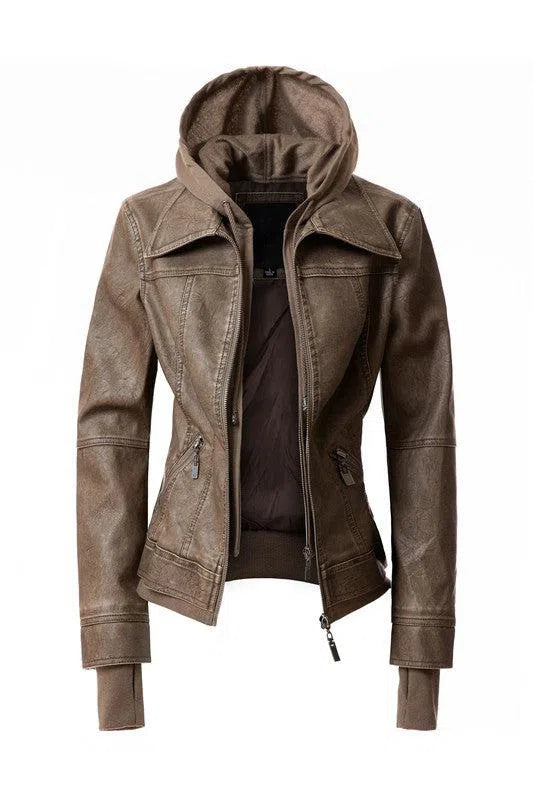 Sleek & Stylish: Women’s Hooded PU Leather Jackets-Apparel & Accessories-Evelyns Fashion