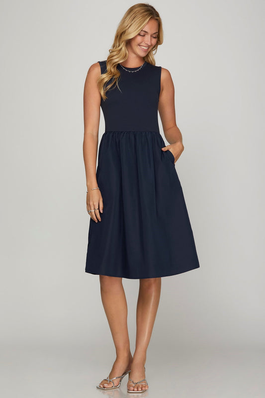 Sleeveless Poplin Midi Dress-Dress-Evelyns Fashion