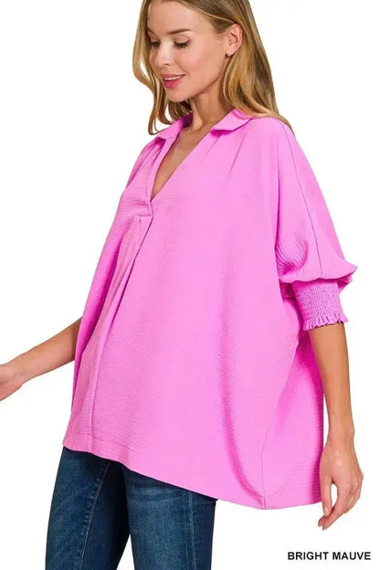 Smocked Sleeve Collar Top-Apparel & Accessories-Evelyns Fashion