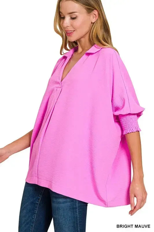 Smocked Sleeve Collar Top-Apparel & Accessories-Evelyns Fashion