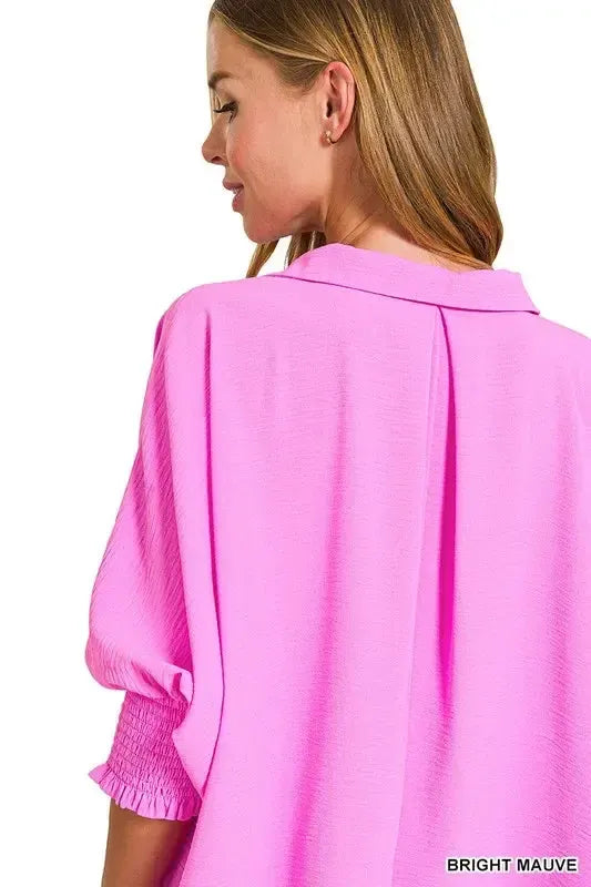 Smocked Sleeve Collar Top-Apparel & Accessories-Evelyns Fashion