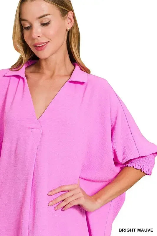 Smocked Sleeve Collar Top-Apparel & Accessories-Evelyns Fashion