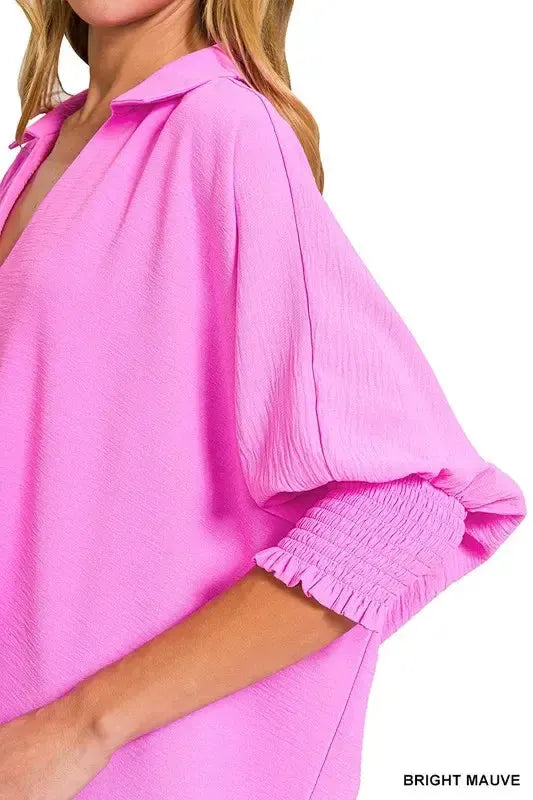 Smocked Sleeve Collar Top-Apparel & Accessories-Evelyns Fashion