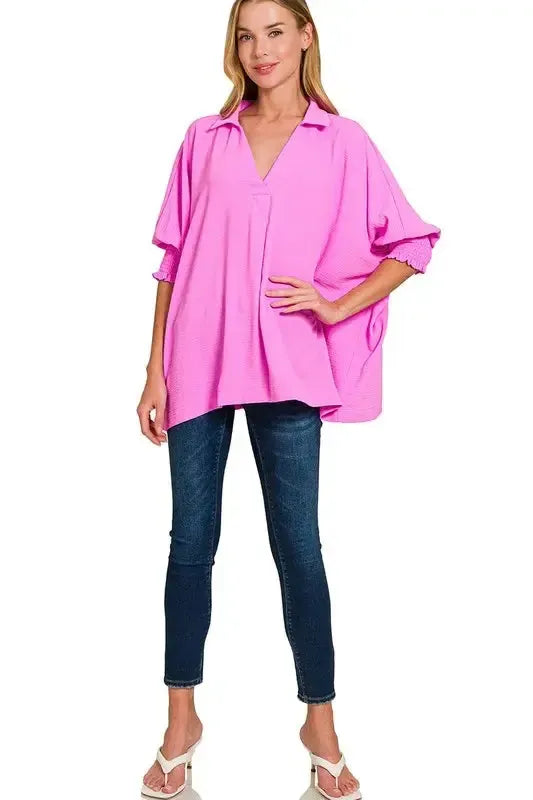 Smocked Sleeve Collar Top-Apparel & Accessories-Evelyns Fashion