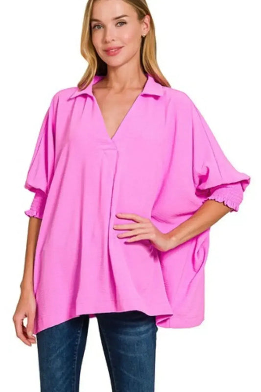 Smocked Sleeve Collar Top-Apparel & Accessories-Evelyns Fashion