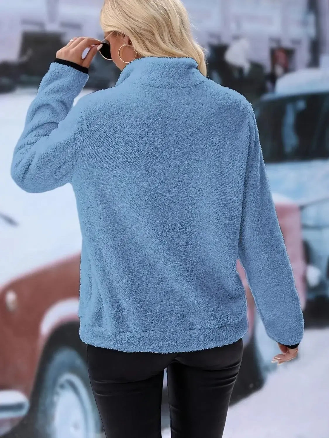 Snuggle Up: Cozy Half Zip Long Sleeve Furry Sweatshirt-Apparel & Accessories-Evelyns Fashion