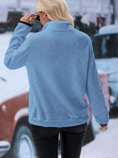 Snuggle Up: Cozy Half Zip Long Sleeve Furry Sweatshirt-Apparel & Accessories-Evelyns Fashion