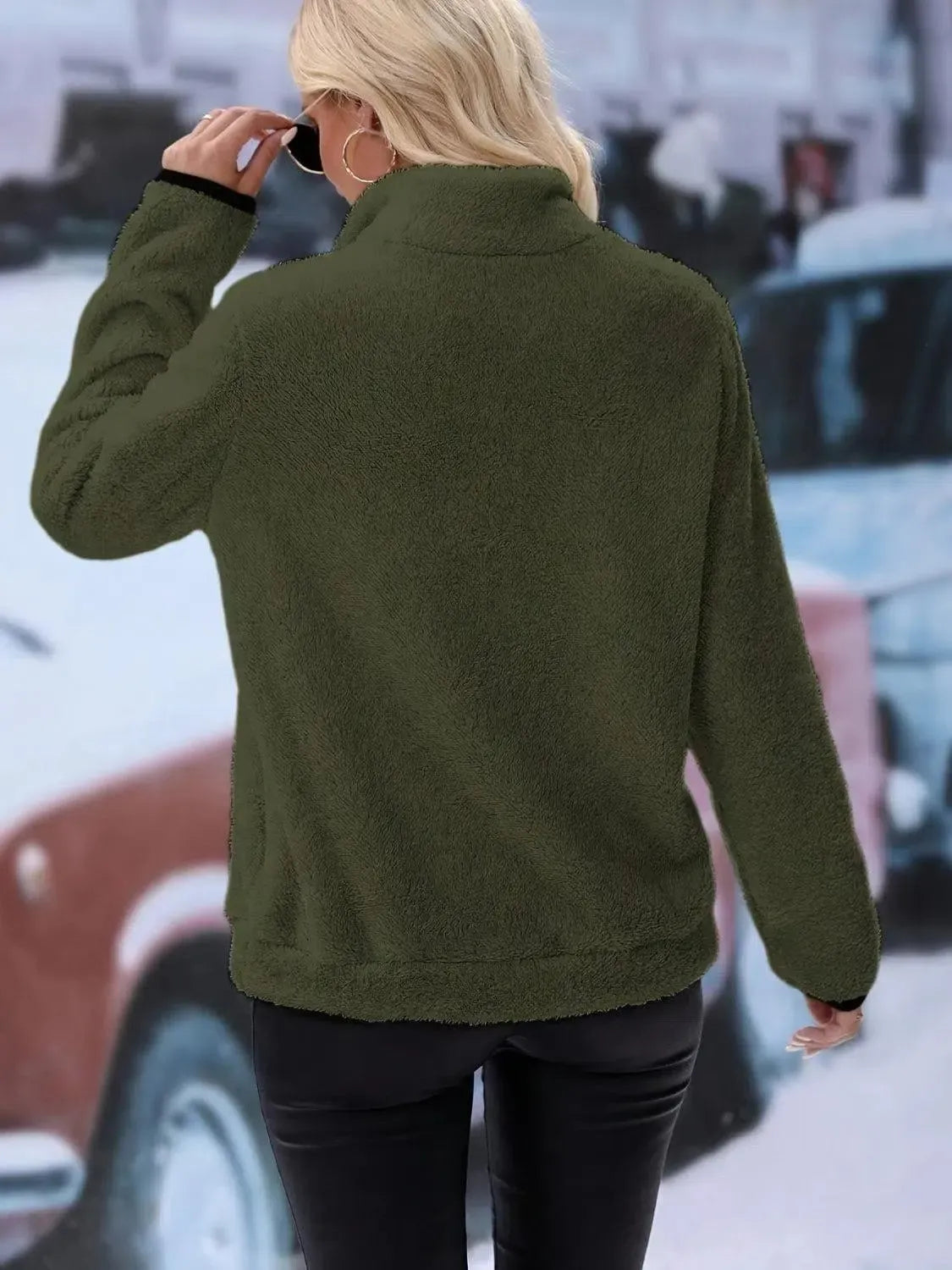 Snuggle Up: Cozy Half Zip Long Sleeve Furry Sweatshirt-Apparel & Accessories-Evelyns Fashion