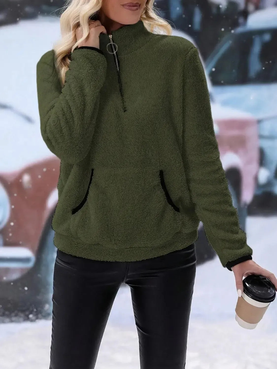Snuggle Up: Cozy Half Zip Long Sleeve Furry Sweatshirt-Apparel & Accessories-Evelyns Fashion