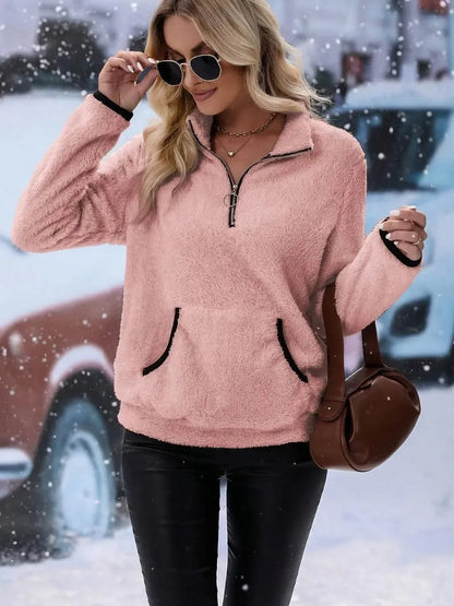 Snuggle Up: Cozy Half Zip Long Sleeve Furry Sweatshirt-Apparel & Accessories-Evelyns Fashion
