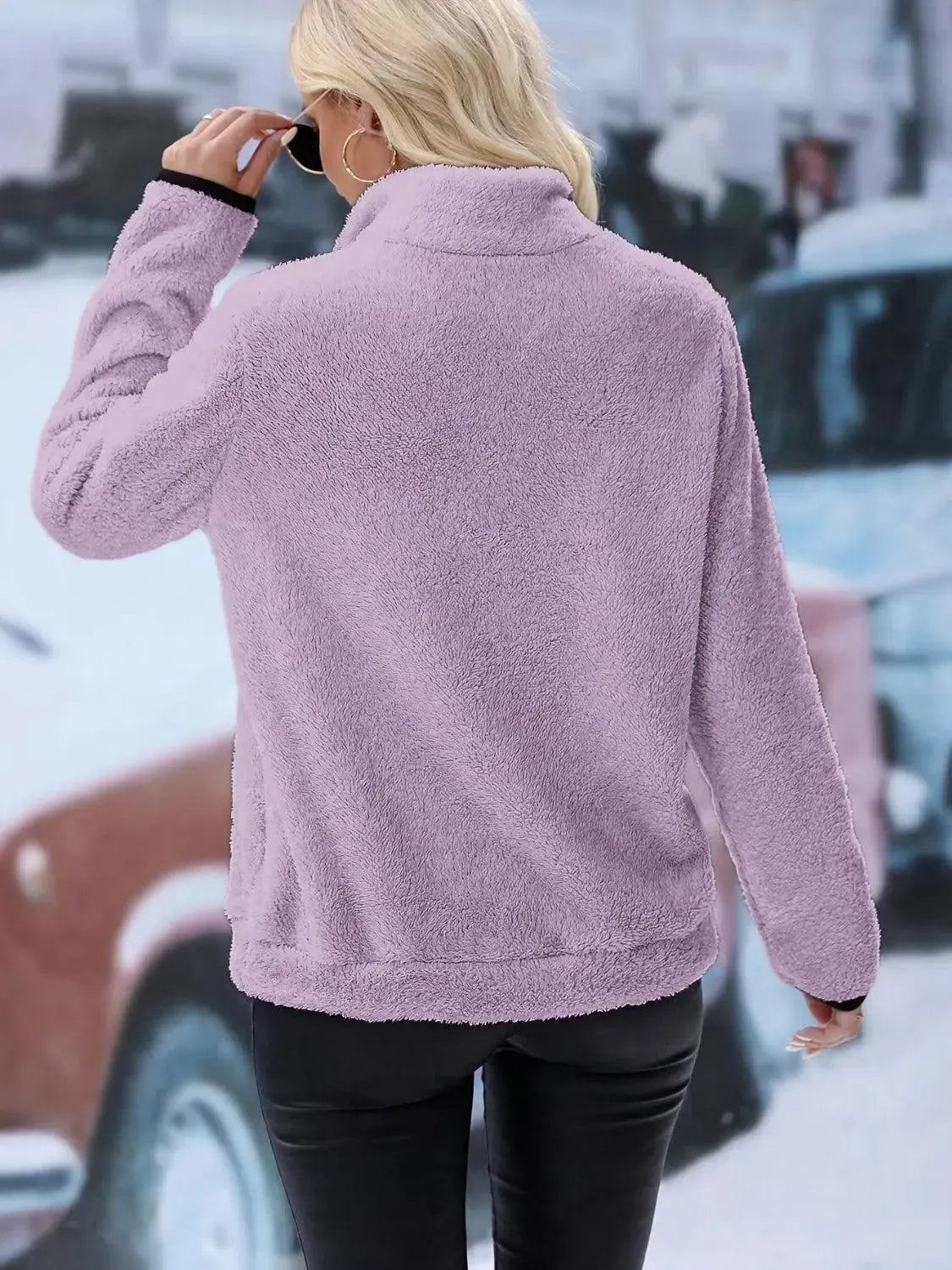 Snuggle Up: Cozy Half Zip Long Sleeve Furry Sweatshirt-Apparel & Accessories-Evelyns Fashion