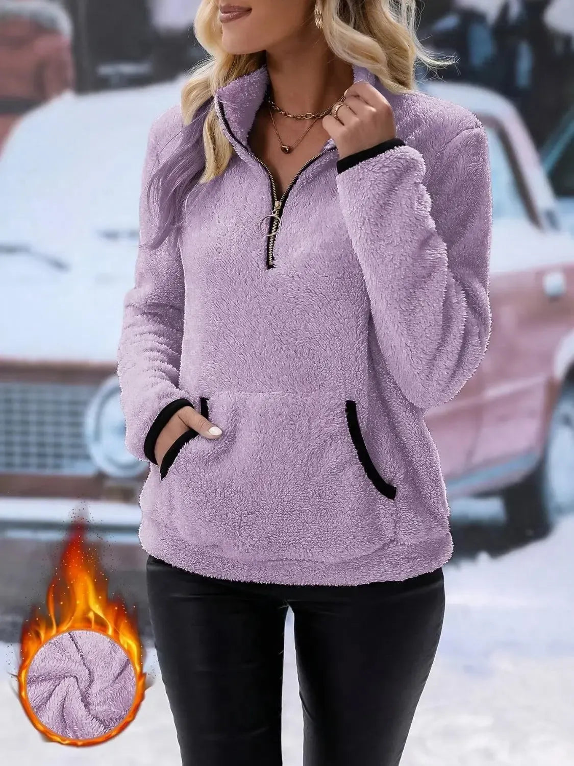 Snuggle Up: Cozy Half Zip Long Sleeve Furry Sweatshirt-Apparel & Accessories-Evelyns Fashion