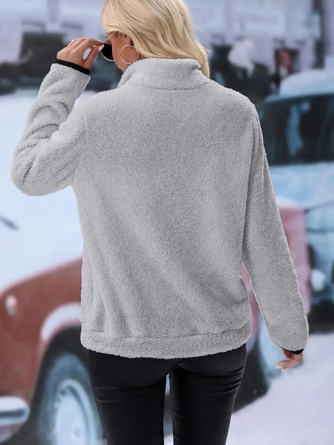Snuggle Up: Cozy Half Zip Long Sleeve Furry Sweatshirt-Apparel & Accessories-Evelyns Fashion