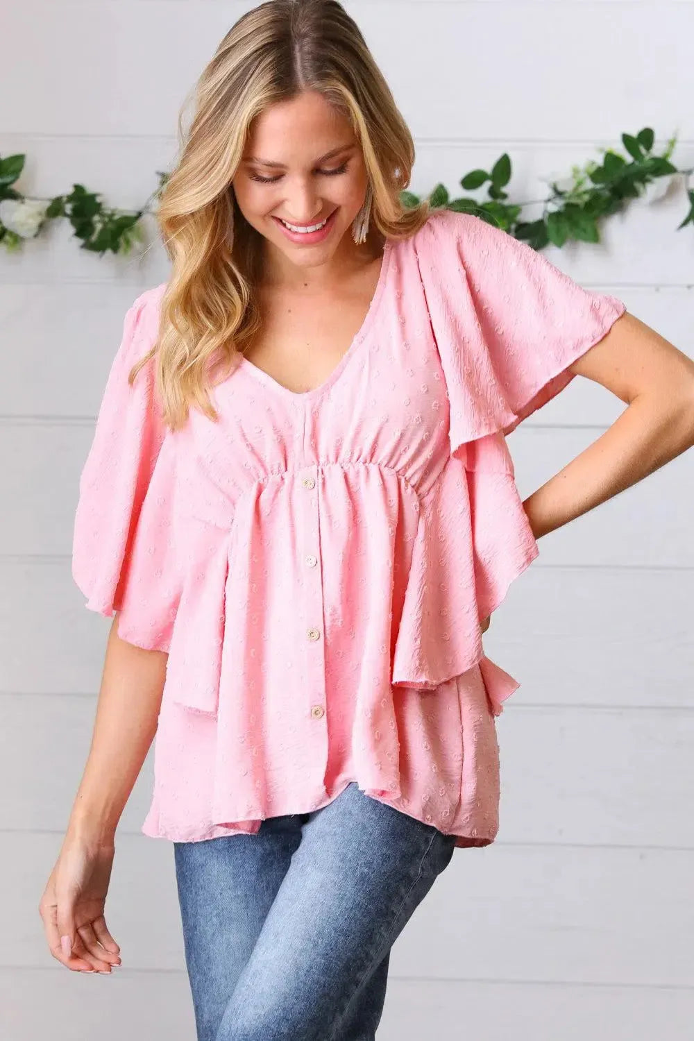 Soft Pink Swiss Dot Ruffle Woven Top-Evelyns Fashion