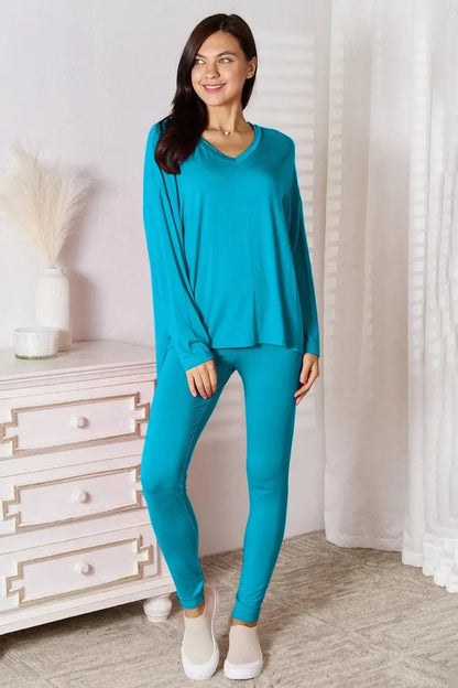 Soft Rayon Long Sleeve Top and Basic Bae Full Size V-Neck d Pants Lounge Set-Apparel & Accessories-Evelyns Fashion
