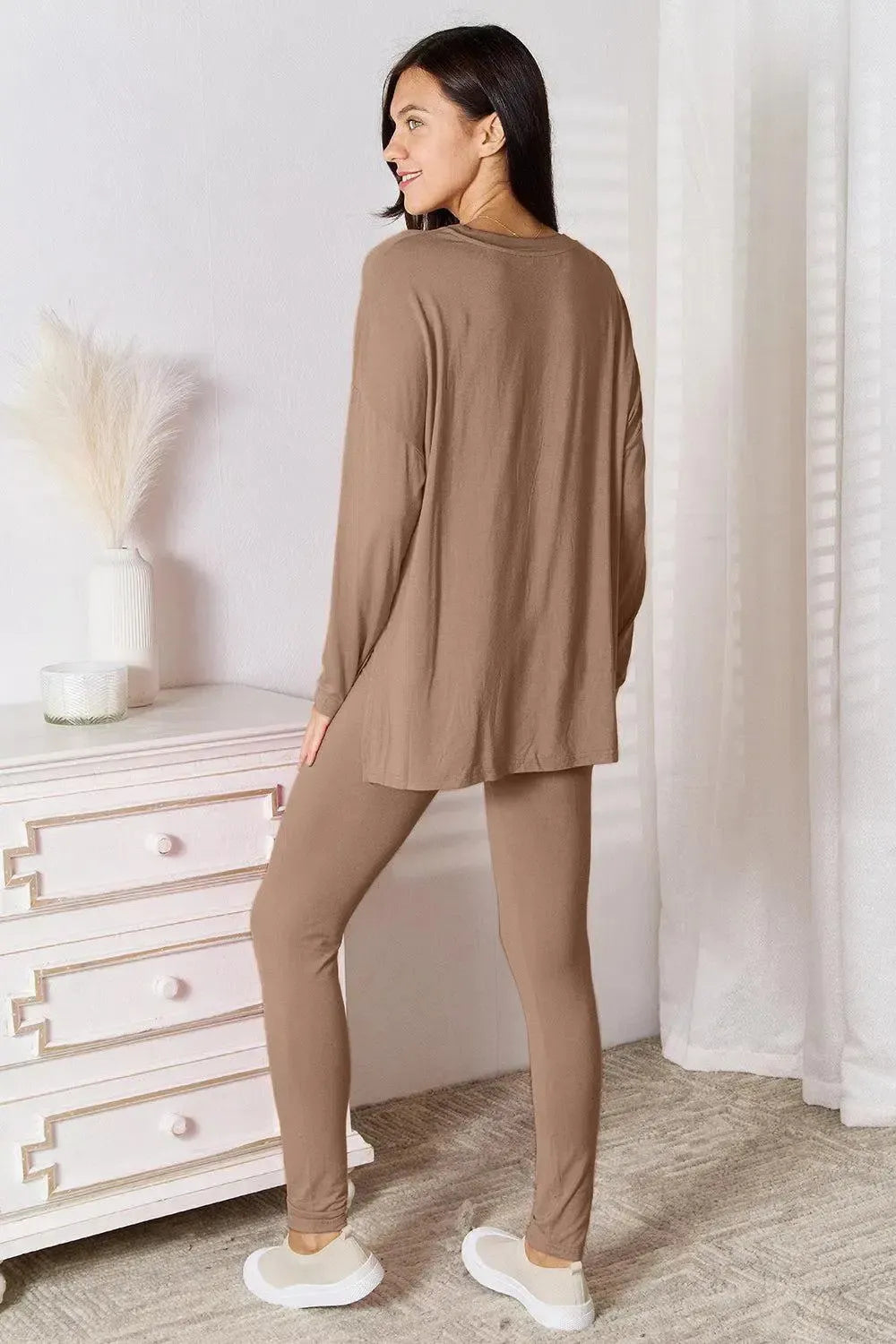 Soft Rayon Long Sleeve Top and Basic Bae Full Size V-Neck d Pants Lounge Set-Apparel & Accessories-Evelyns Fashion