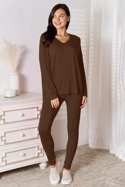 Soft Rayon Long Sleeve Top and Basic Bae Full Size V-Neck d Pants Lounge Set-Apparel & Accessories-Evelyns Fashion