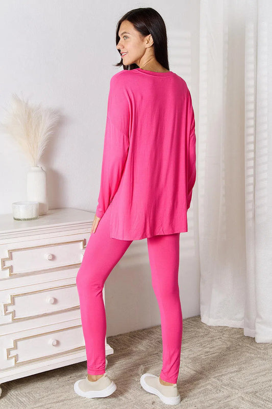 Soft Rayon Long Sleeve Top and Basic Bae Full Size V-Neck d Pants Lounge Set-Apparel & Accessories-Evelyns Fashion